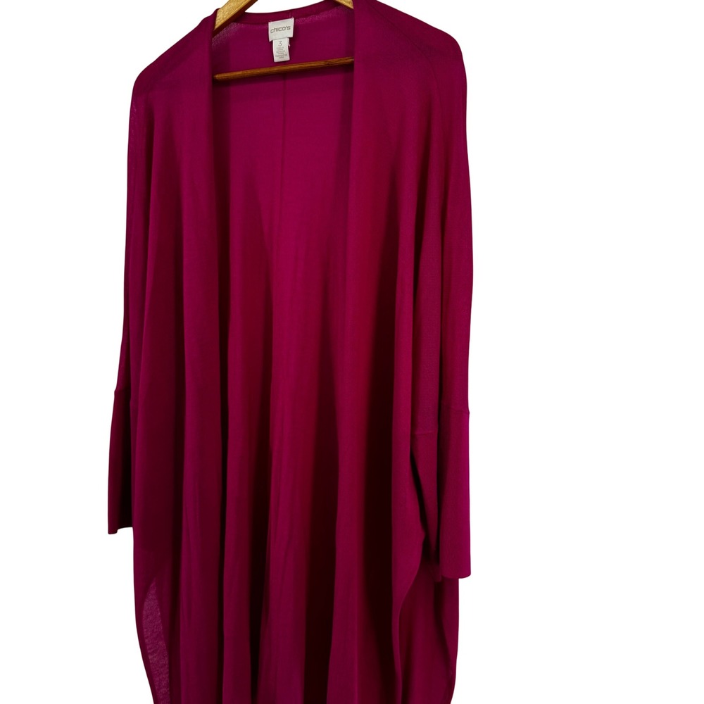 Chicos Fuchsia Pink Open Front Cardigan Sheer Knit Dolman Sleeve Size 3 XL Chic